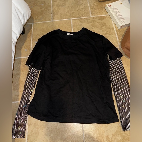 Black shirt with rhinestone sleeves. - Picture 2 of 4